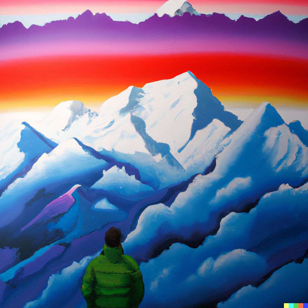 someone gazing at Mount Everest, airbrush painting by Howard Arkley